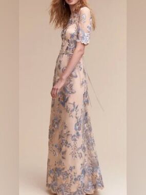 Adrianna Papell Anthro BHLDN Guilia Illusion Blue Floral Embroidered Gown Dress